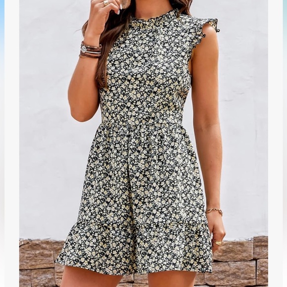 Cupshe Dresses & Skirts - Cupshe Cap Sleeve High Neck Black Yellow Floral Summer Mini Dress Medium…